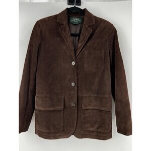 Lauren Ralph Lauren Blazer Women Petite Brown Suede Lined Office Preppy 3 Button